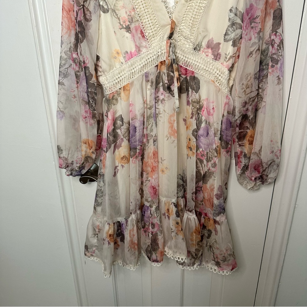 Lulus Season Of Sweetness Ivory Floral Mini Dress Bubble Sleeve Garden Bridal M - Picture 4 of 6